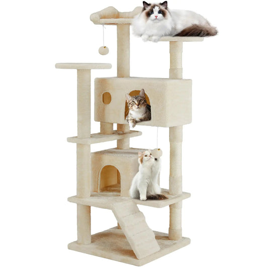 54” Multi-Level Cat Tree – Plush Condo with Scratching Posts, Perches & Climbing Ladder (Beige)