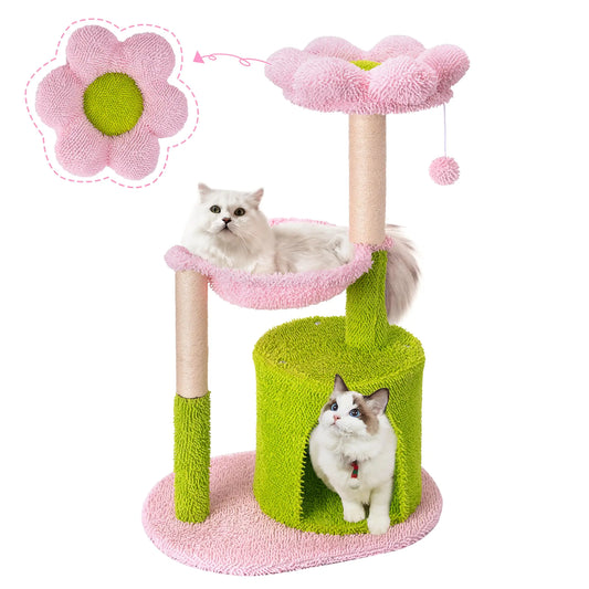 Floral Kitty Playtower 35" - Indoor Cat Tree with Hammock