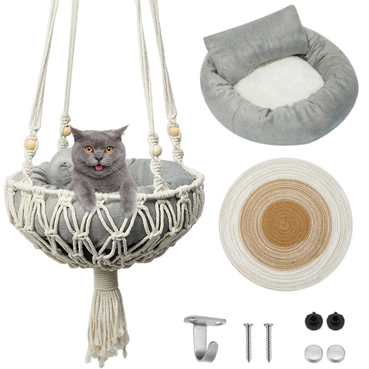 Boho Bliss Cat Hammock Set - 3 Pcs with Scratcher and Bed