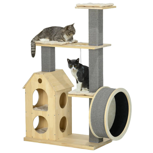 PawHut 53" Modern Cat Tree – Wooden Tower with Scratching Posts, Wheel & Cushioned House