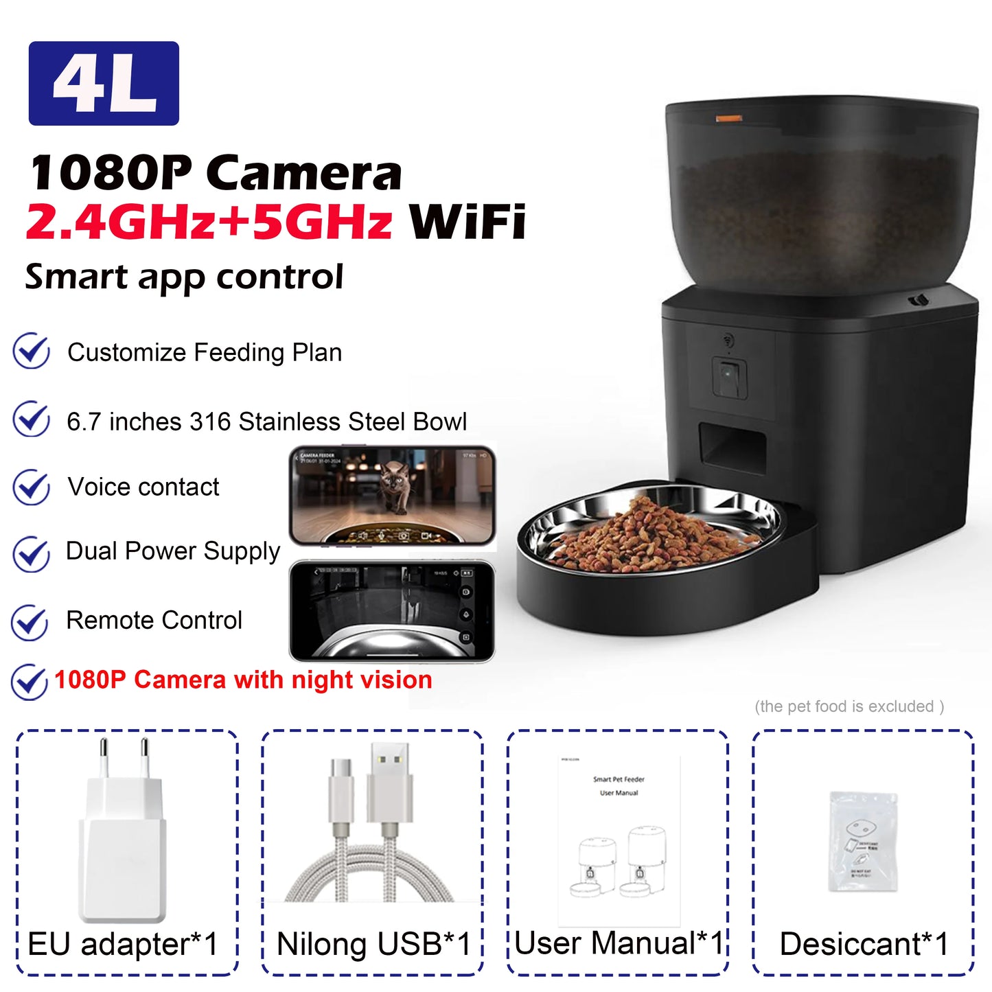 8L Smart Pet Feeder with 1080P Camera – 5G WiFi, Auto Cat & Dog Food Dispenser with App Control & Dual Power