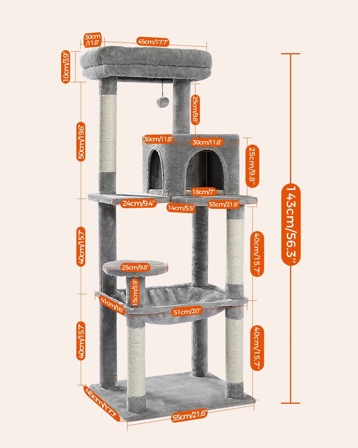 5-Level Cat Tree – Large Hammock, Sisal Scratching Posts & Cozy Condo (143cm Tall)