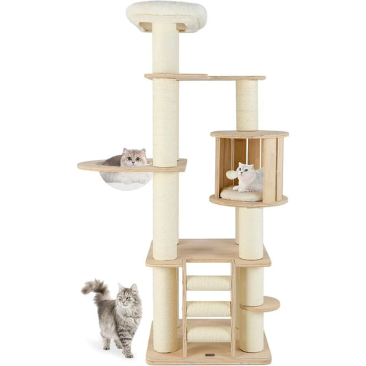 71" Multi-Level Wooden Cat Tree – Tall Cat Tower with Scratching Posts, Condo, Space Capsule & Climbing Ladder