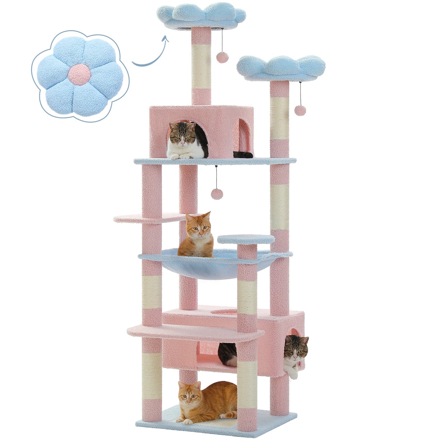 72 inch Large Cat Tree – Multi-Level Tower with Hammock, Perches & Sisal Scratching Posts (Blue)