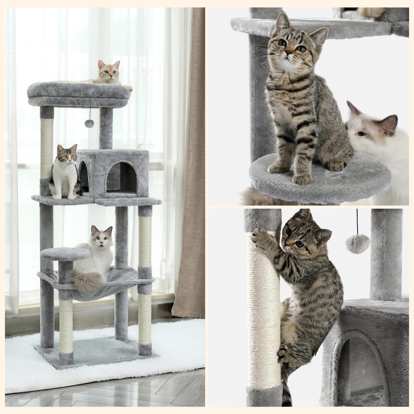 5-Level Cat Tree – Large Hammock, Sisal Scratching Posts & Cozy Condo (143cm Tall)