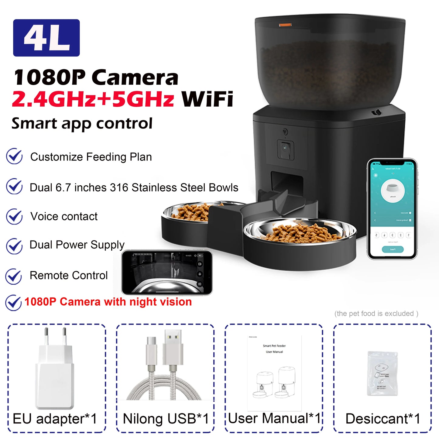 8L Smart Pet Feeder with 1080P Camera – 5G WiFi, Auto Cat & Dog Food Dispenser with App Control & Dual Power