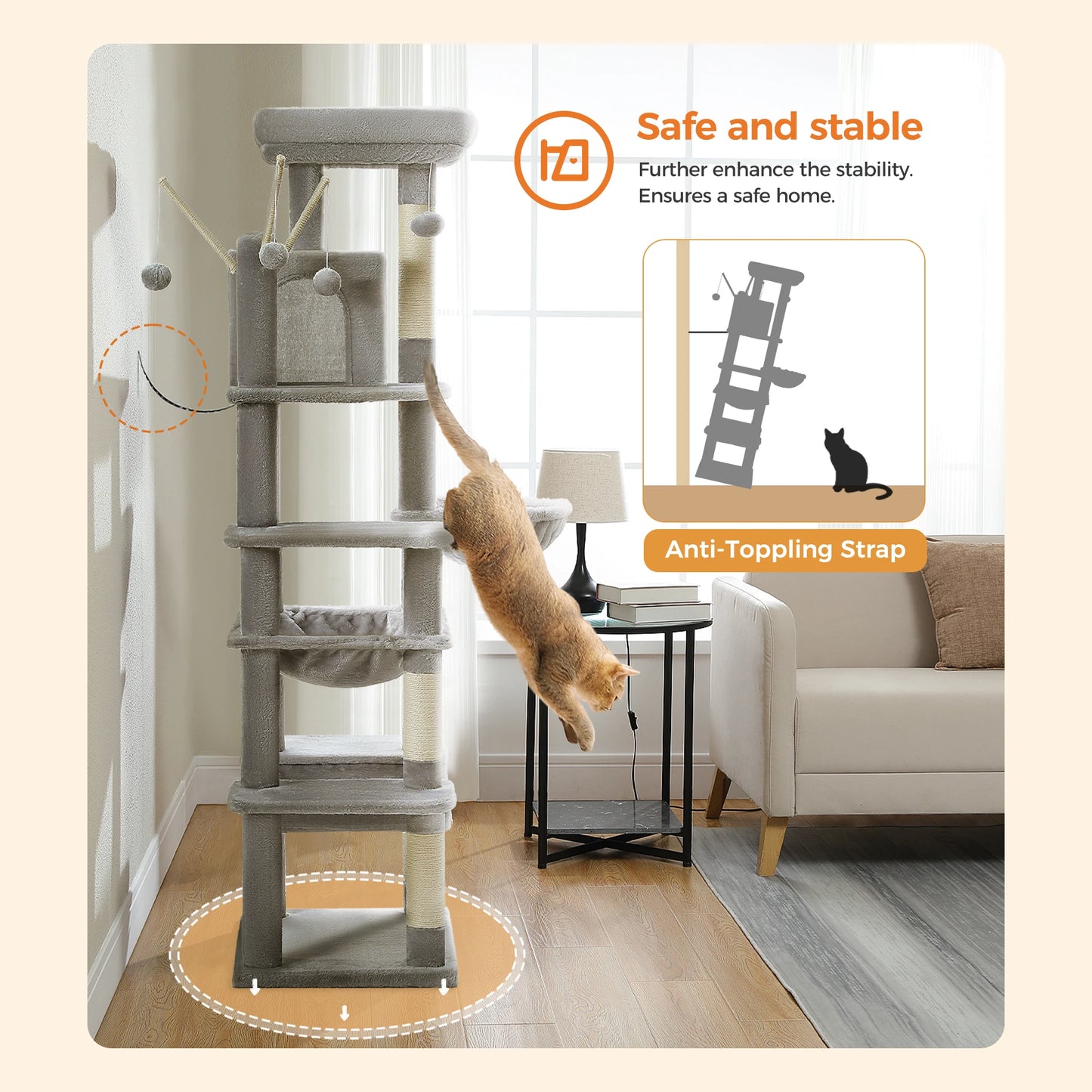 Tall Multi-Level Cat Tree – Large Perches, Hammock & Sisal Scratching Posts