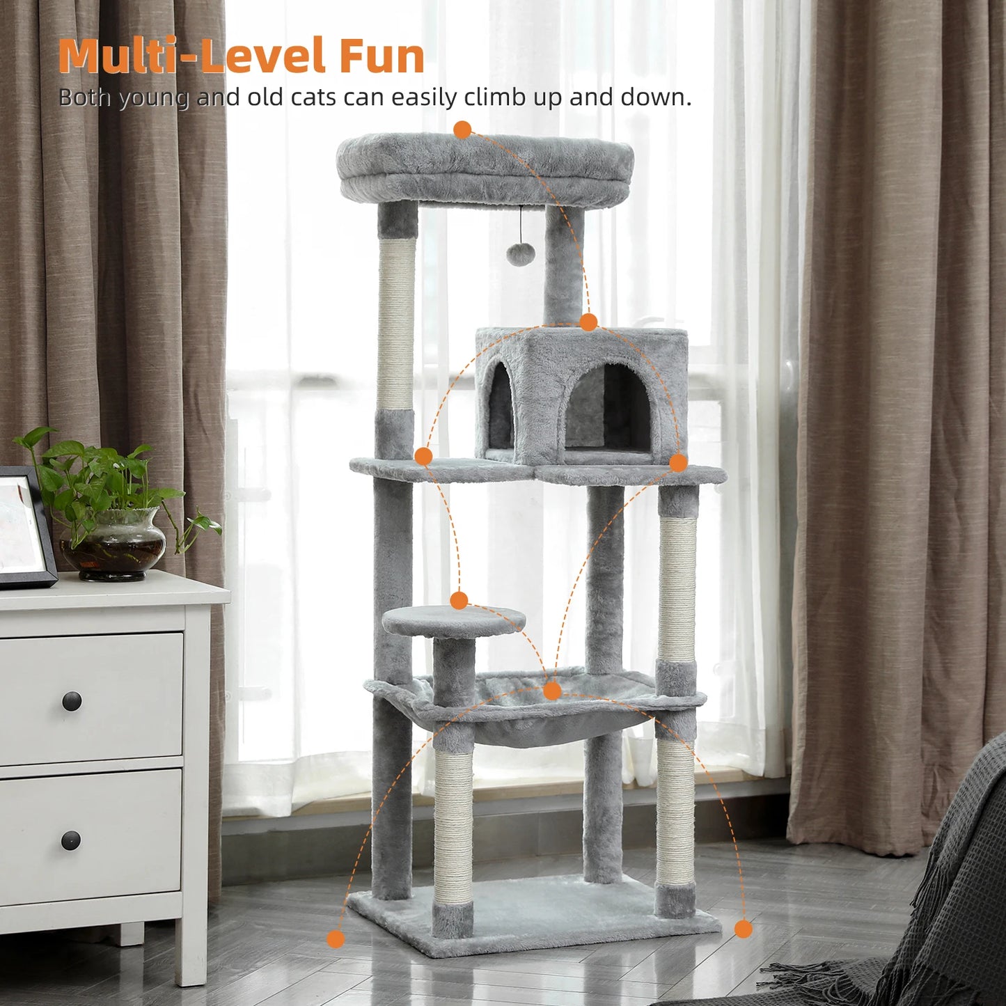 5-Level Cat Tree – Large Hammock, Sisal Scratching Posts & Cozy Condo (143cm Tall)