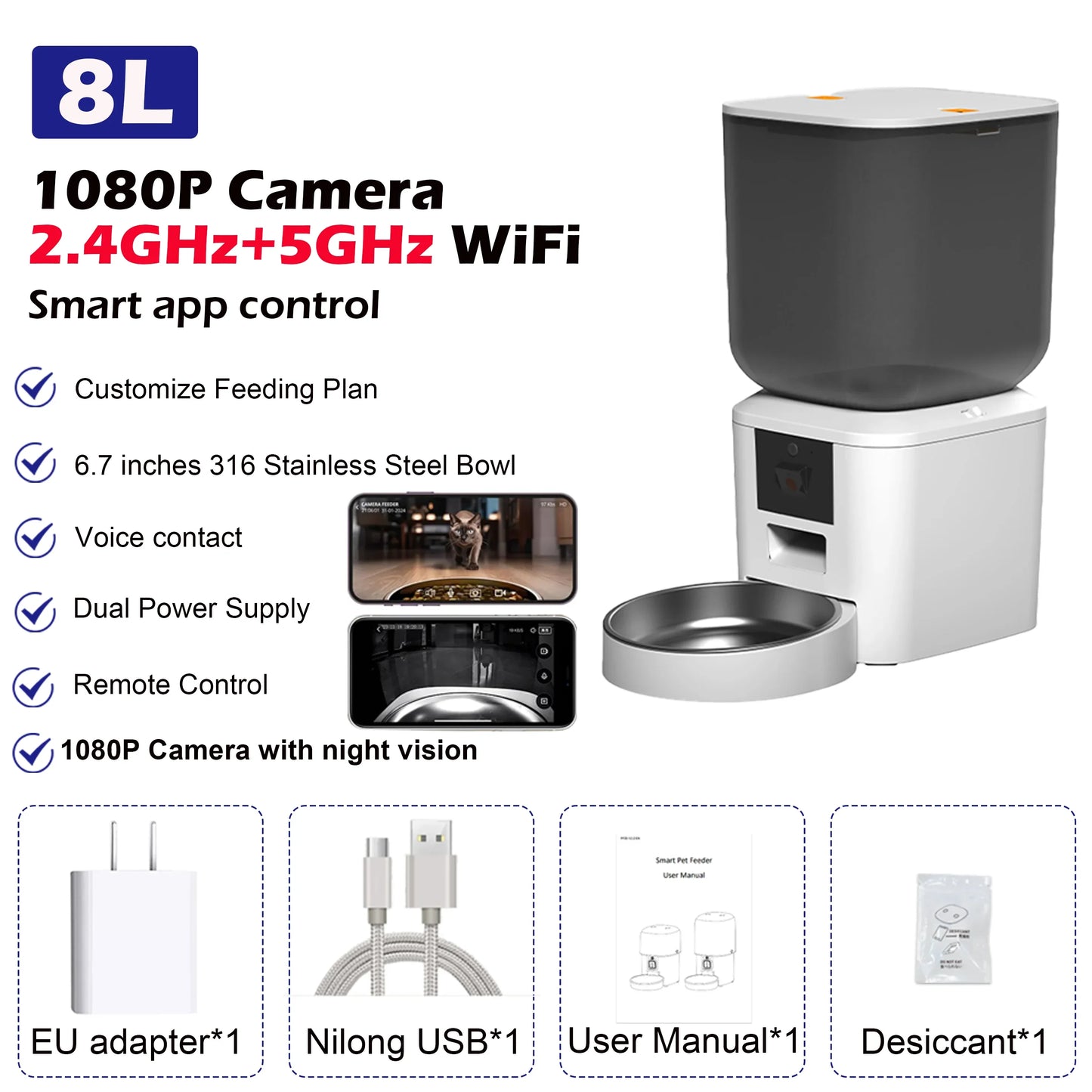 8L Smart Pet Feeder with 1080P Camera – 5G WiFi, Auto Cat & Dog Food Dispenser with App Control & Dual Power