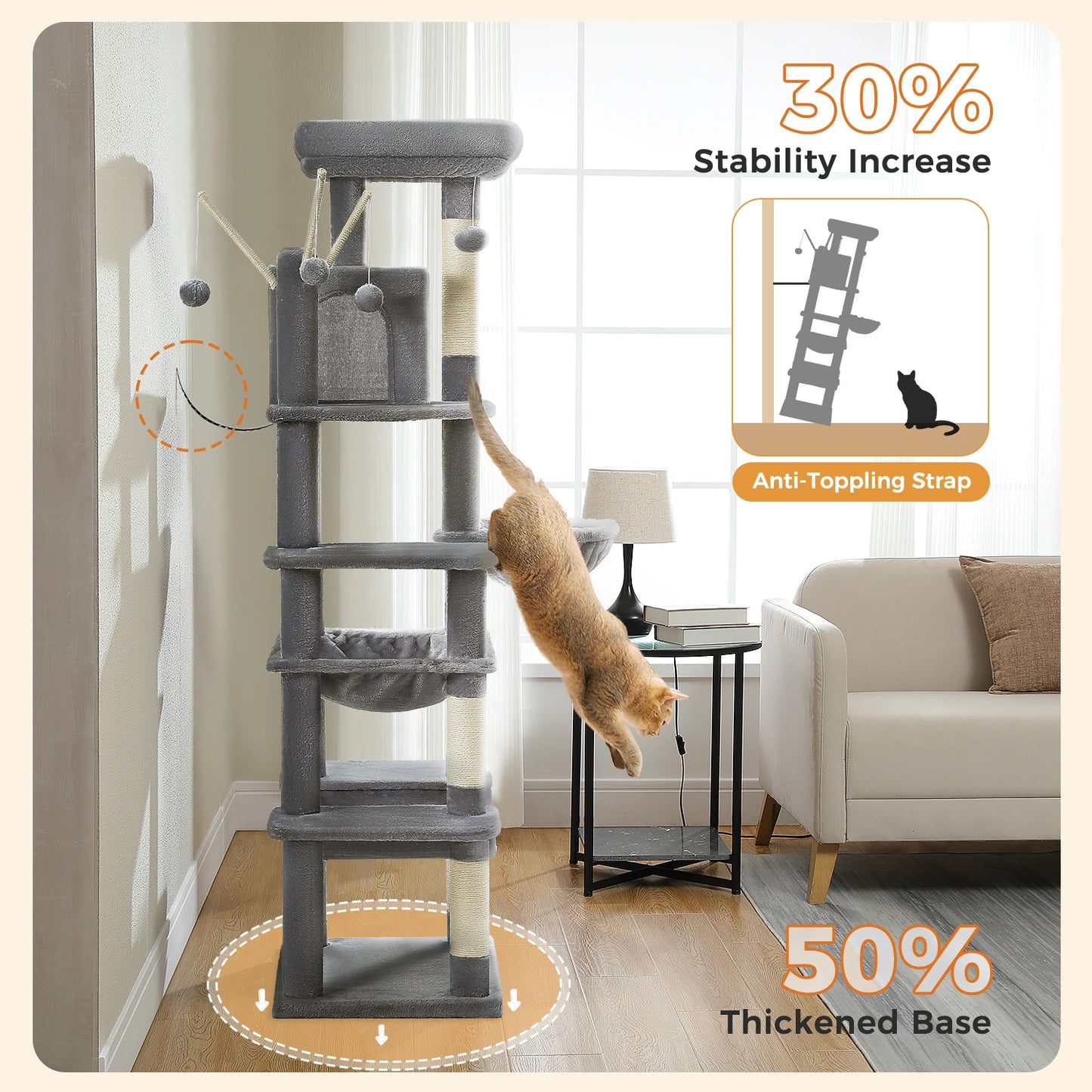 Tall Multi-Level Cat Tree – Large Perches, Hammock & Sisal Scratching Posts