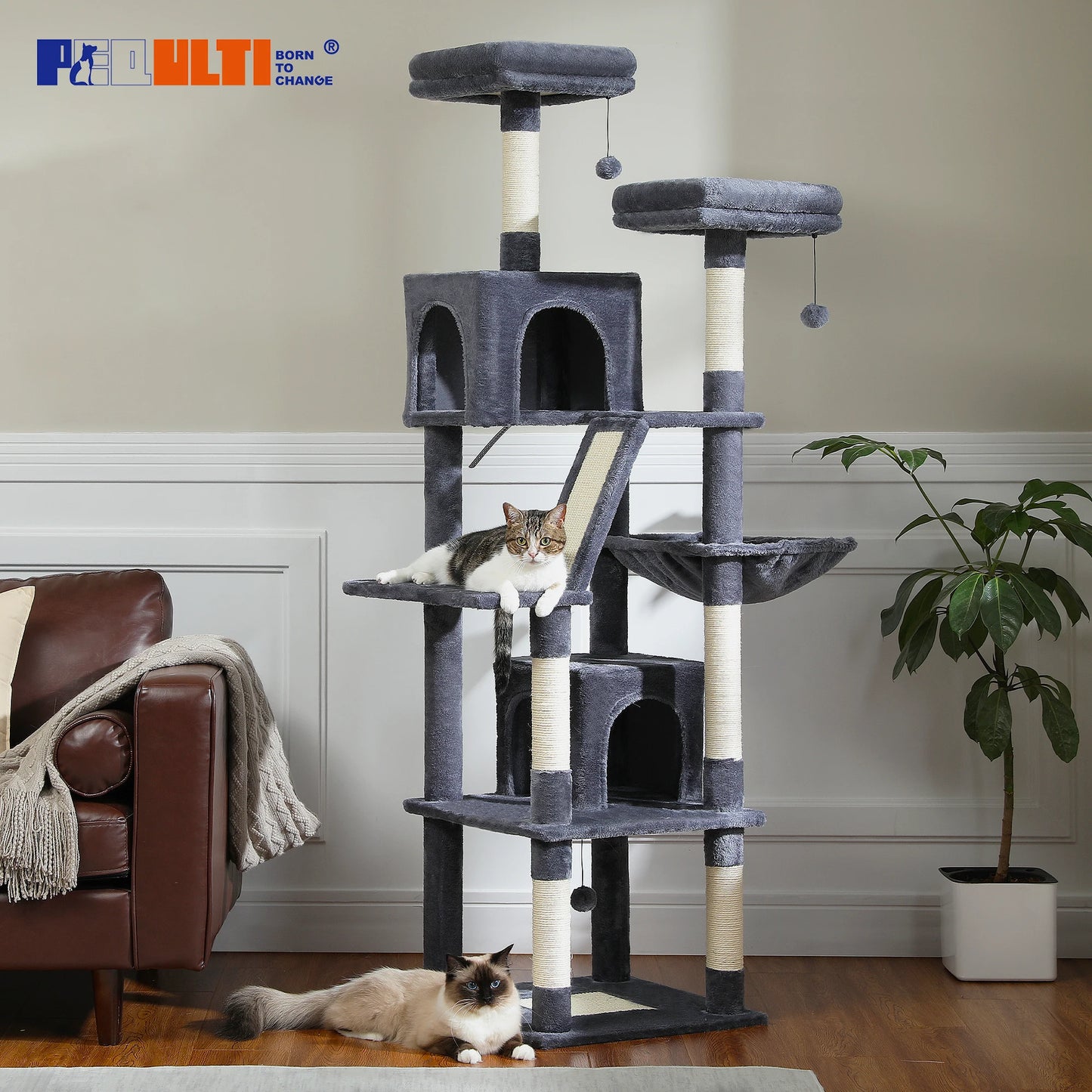 Tall Multi-Level Cat Tree – Large Perches, Hammock & Sisal Scratching Posts