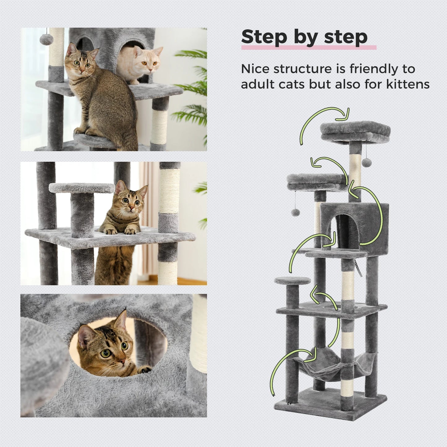 Tall Multi-Level Cat Tree – Large Perches, Hammock & Sisal Scratching Posts