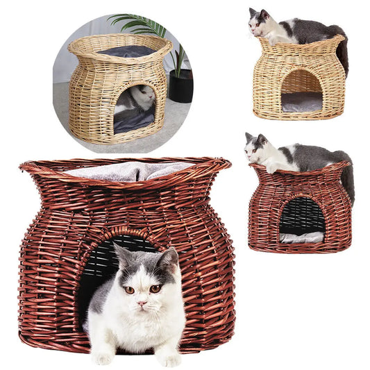 Handwoven Wicker Cat Bed – 2-Tier Bunk Basket with Soft Cushions