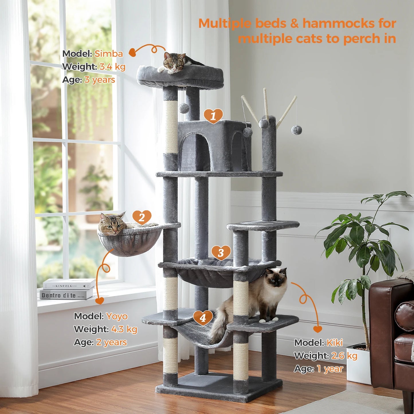 Tall Multi-Level Cat Tree – Large Perches, Hammock & Sisal Scratching Posts