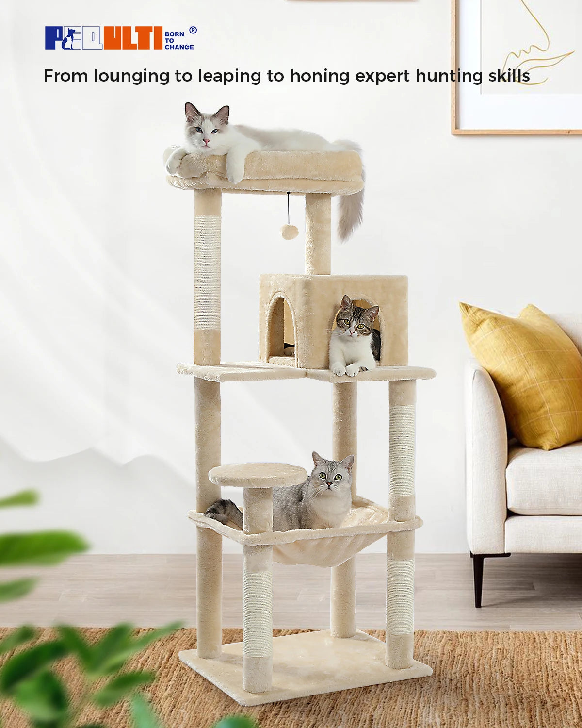 5-Level Cat Tree – Large Hammock, Sisal Scratching Posts & Cozy Condo (143cm Tall)