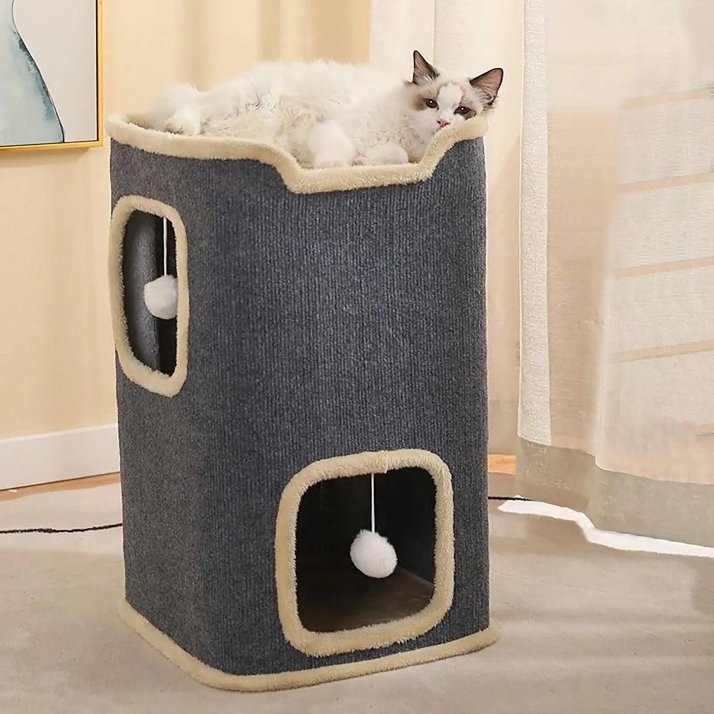 2-Layer Indoor Cat House – Cozy Multi-Level Cat Cave with Hanging Toy