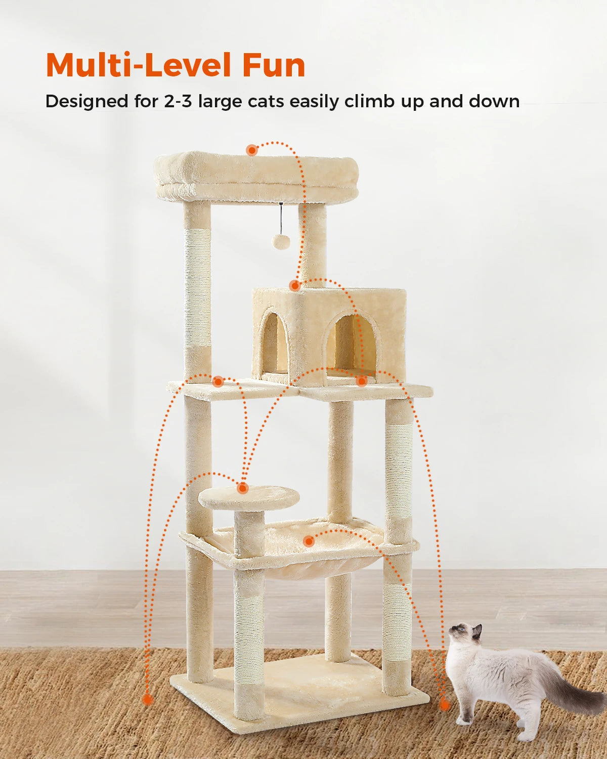 5-Level Cat Tree – Large Hammock, Sisal Scratching Posts & Cozy Condo (143cm Tall)