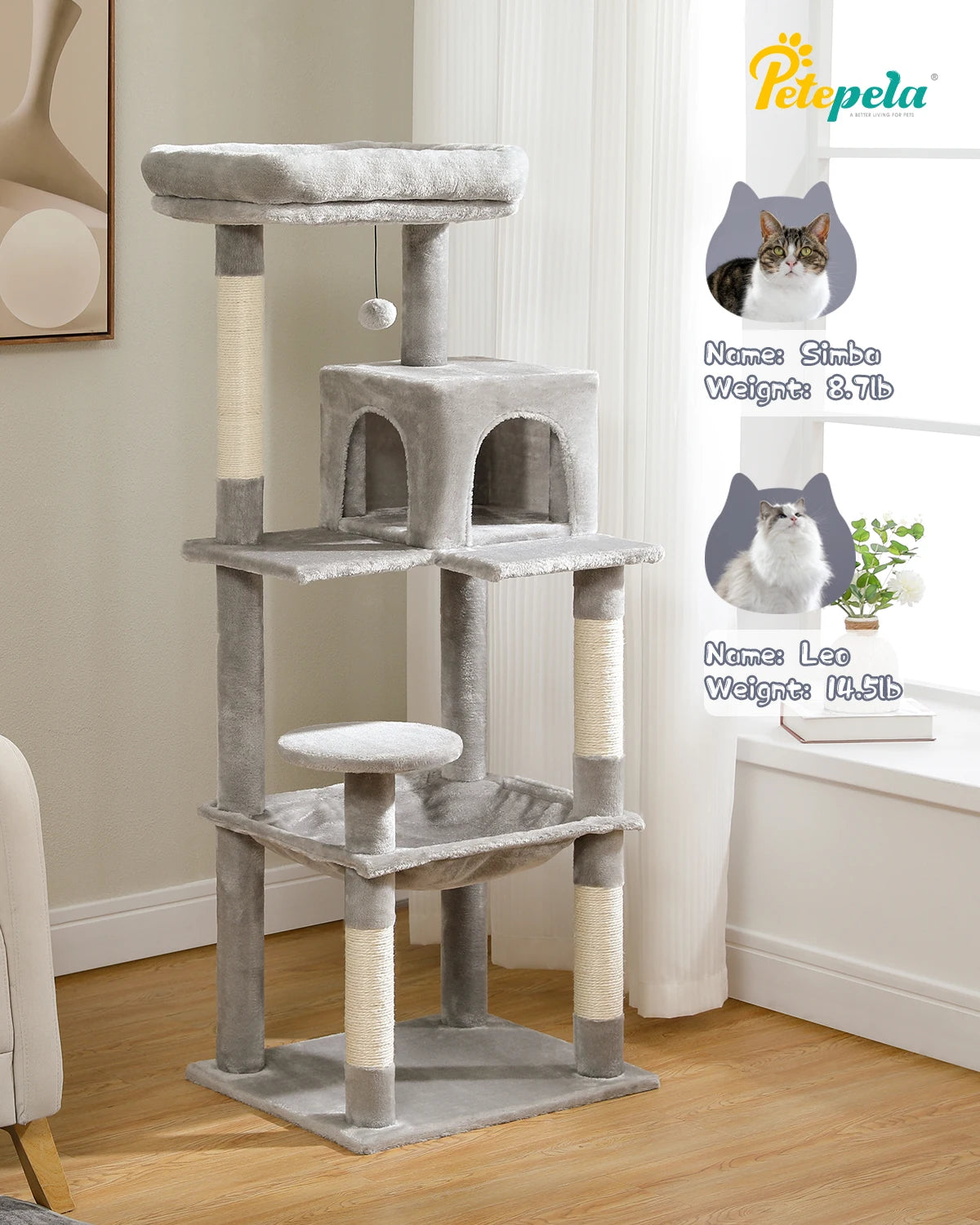 5-Level Cat Tree – Large Hammock, Sisal Scratching Posts & Cozy Condo (143cm Tall)