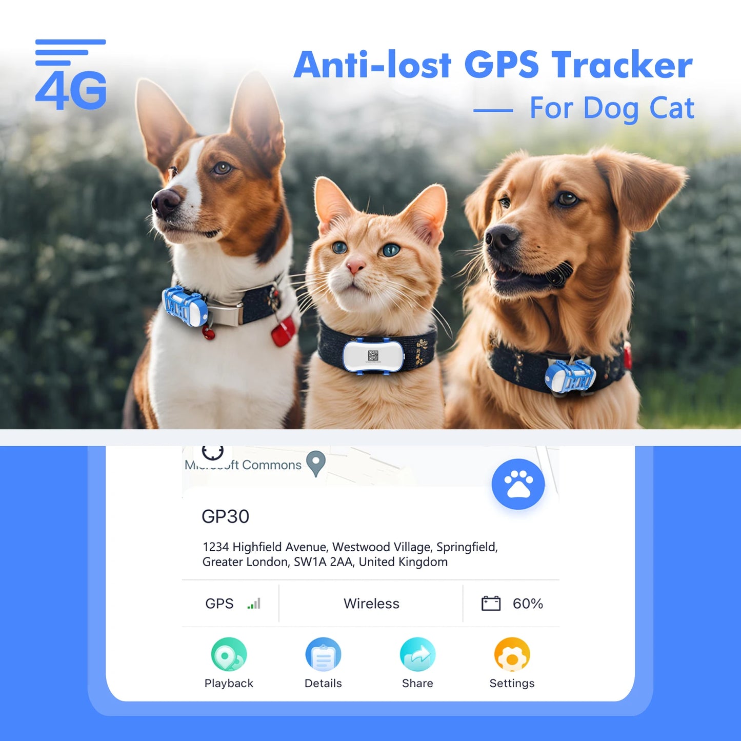 Smart GPS Pet Tracker – 4G LTE Waterproof Locator with Bell & Light Search, Real-Time Tracking & Safe Zone Alerts