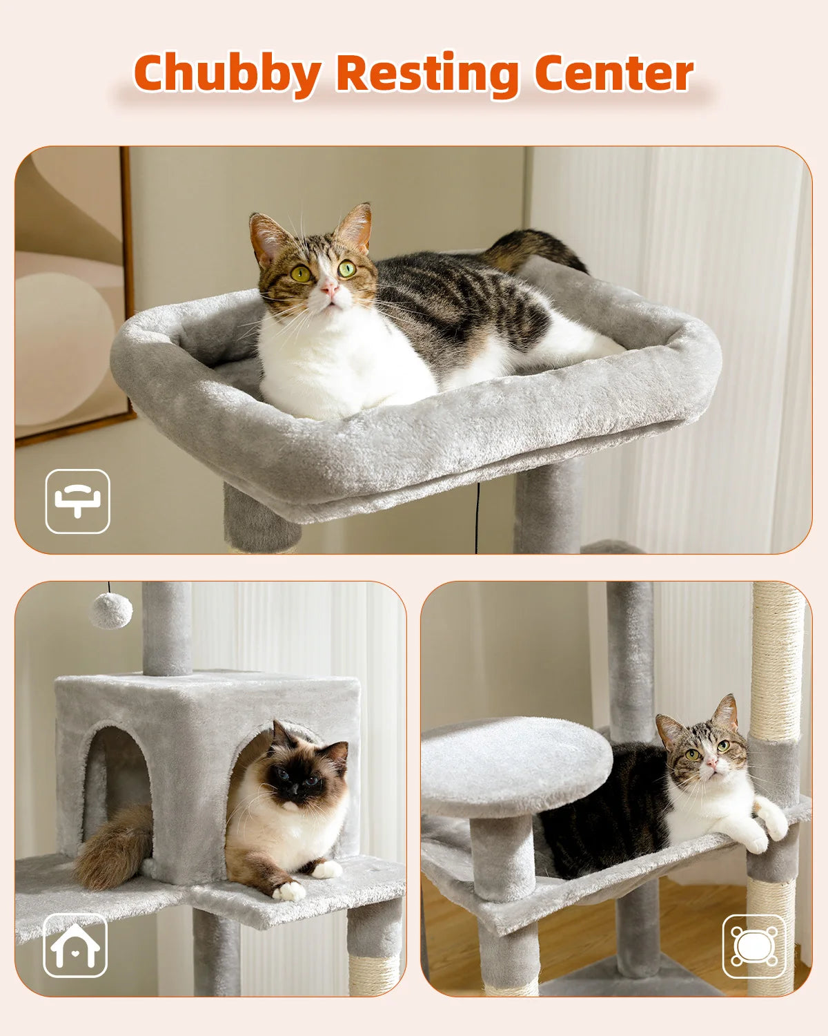 5-Level Cat Tree – Large Hammock, Sisal Scratching Posts & Cozy Condo (143cm Tall)