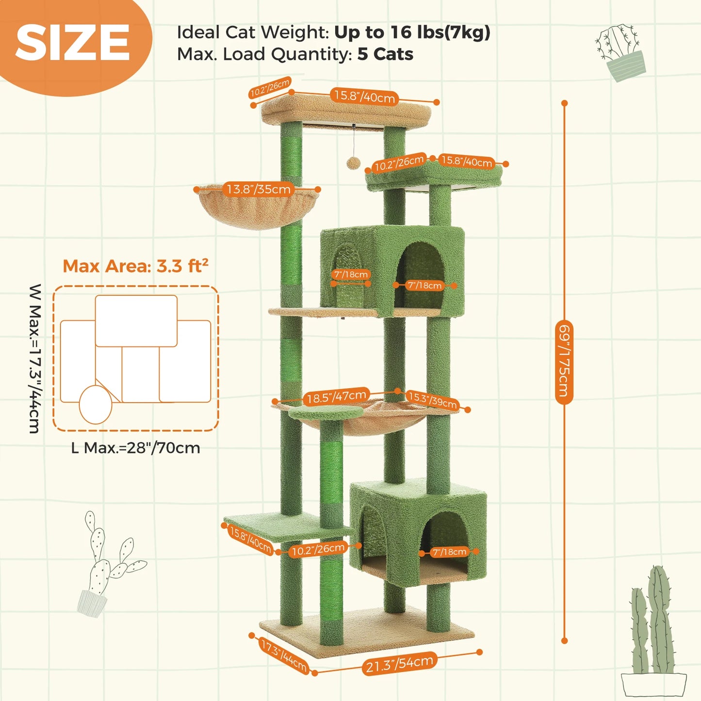 Tall Multi-Level Cat Tree – Large Perches, Hammock & Sisal Scratching Posts