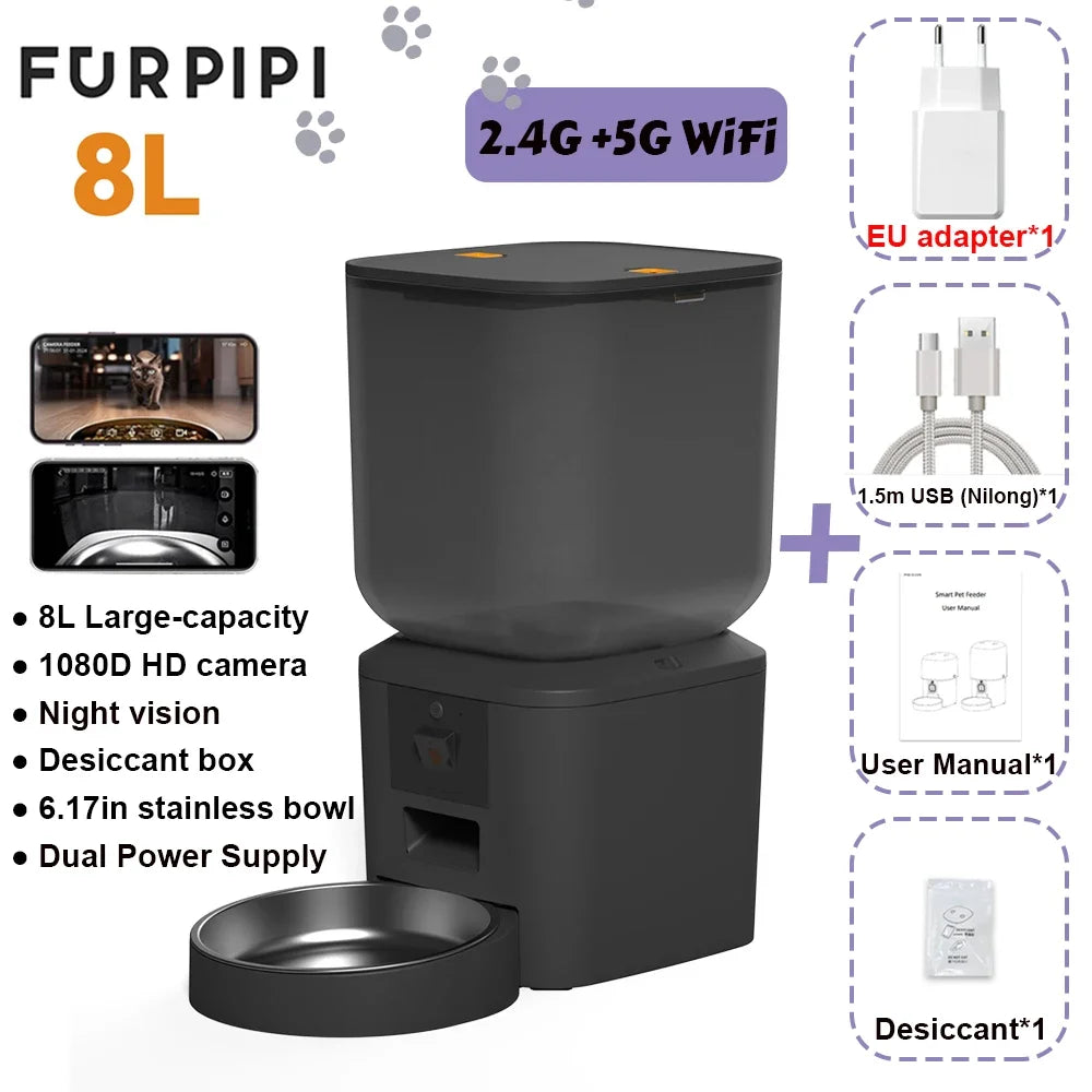 8L Smart Pet Feeder with 1080P Camera – 5G WiFi, Auto Cat & Dog Food Dispenser with App Control & Dual Power