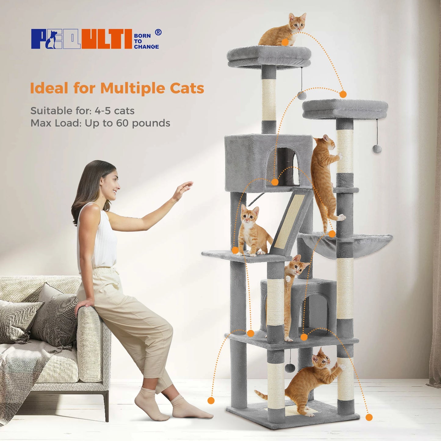 Tall Multi-Level Cat Tree – Large Perches, Hammock & Sisal Scratching Posts