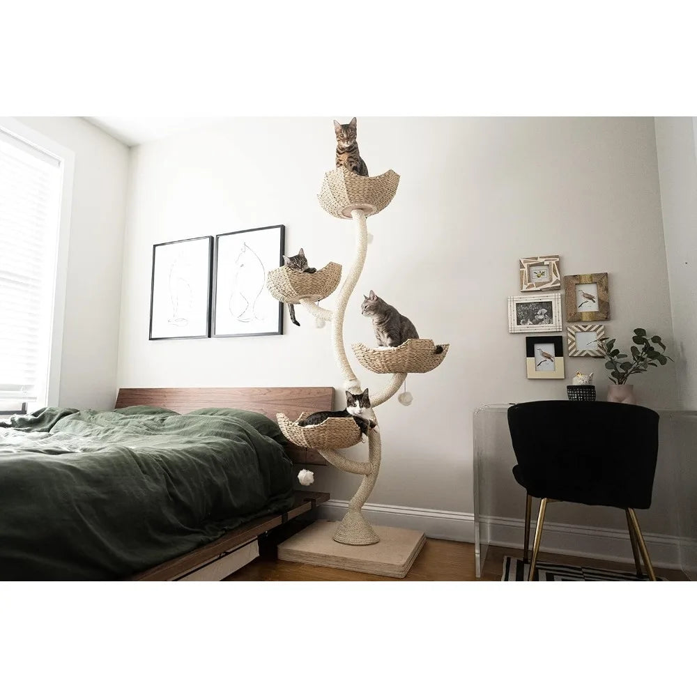 73" Tall Modern Cat Tree – Multi-Level Tower with Wicker Baskets & Scratching Posts