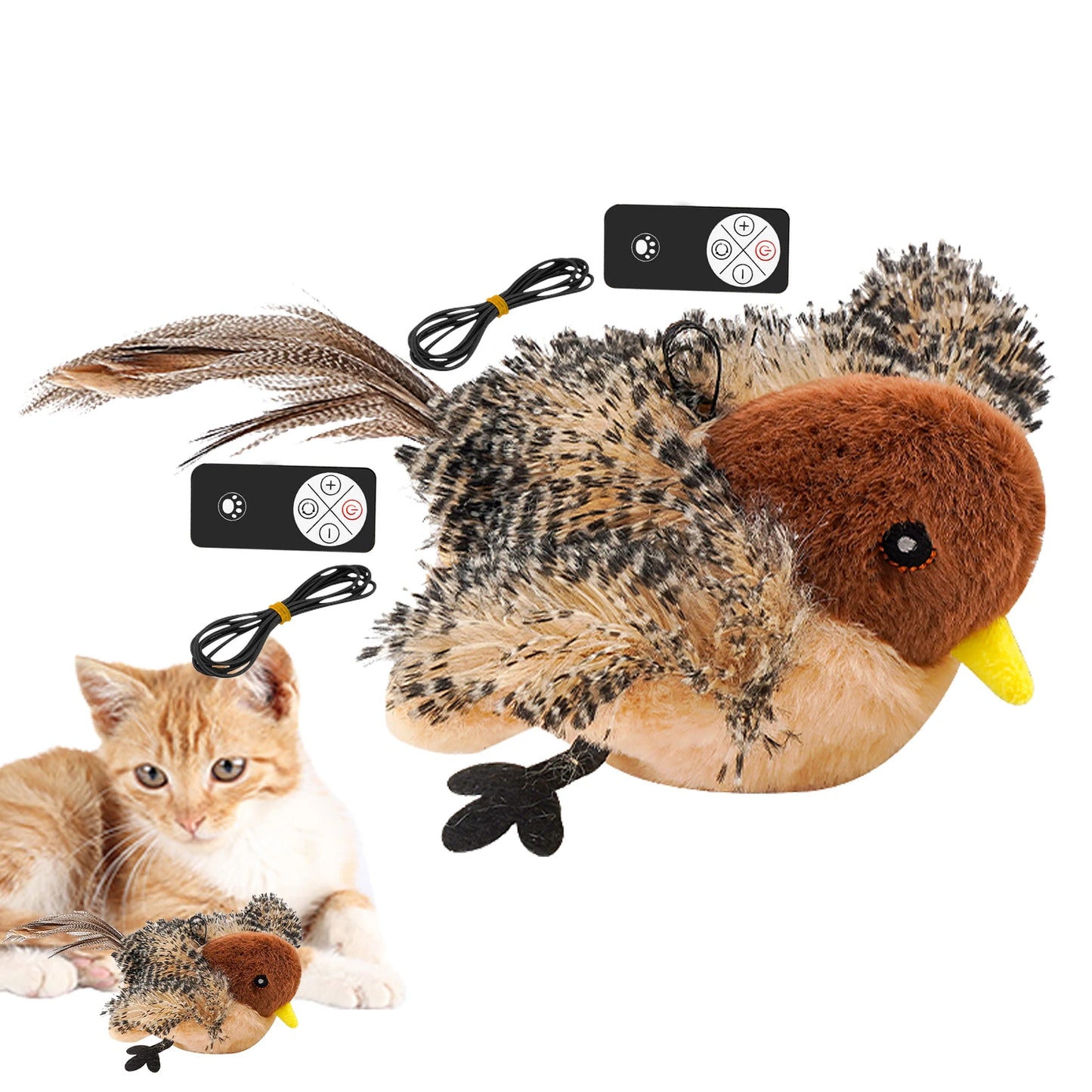 Remote Control Chirping Bird Cat Toy – Interactive Plush Feather Toy with USB Rechargeable Sound & Motion