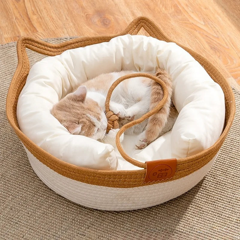 Handwoven Cat Bed – Cozy, Breathable, All-Season Nest with Removable Cushion