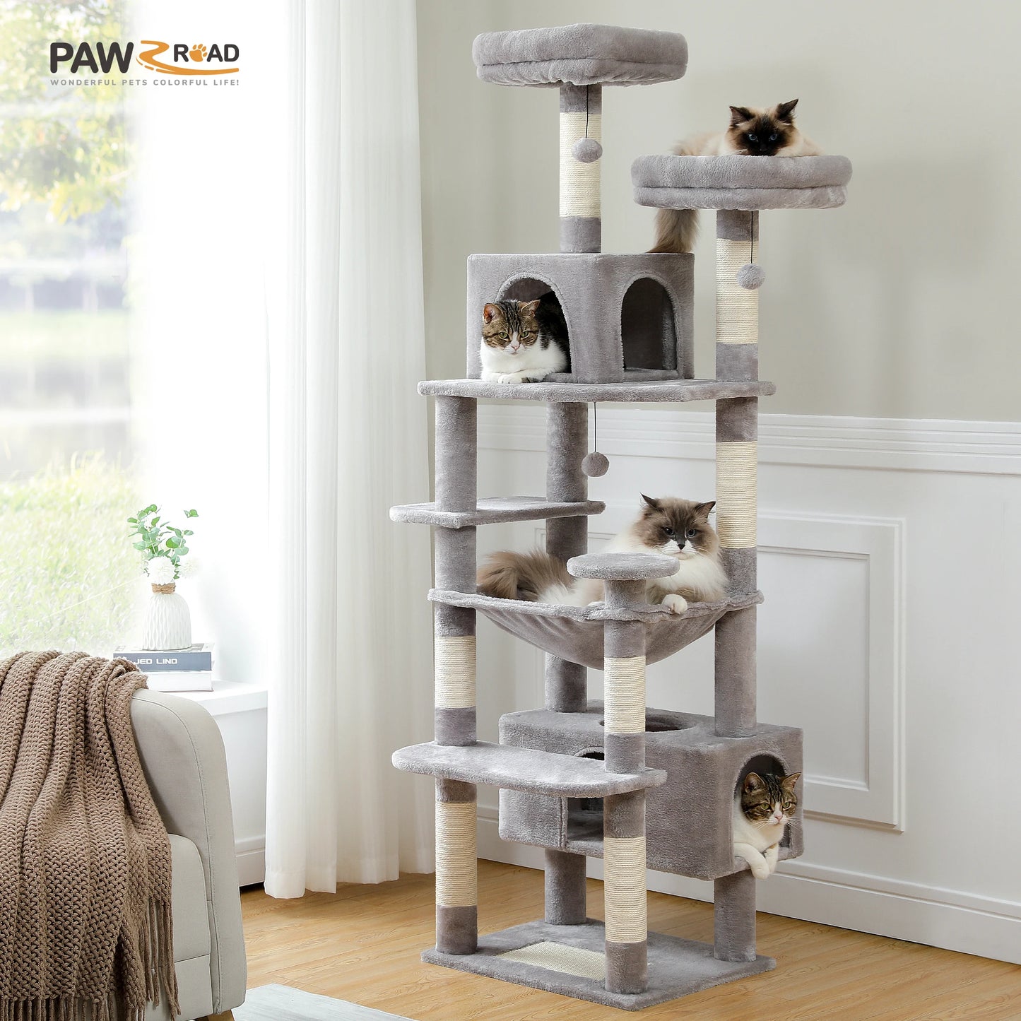 Tall Multi-Level Cat Tree – Large Perches, Hammock & Sisal Scratching Posts