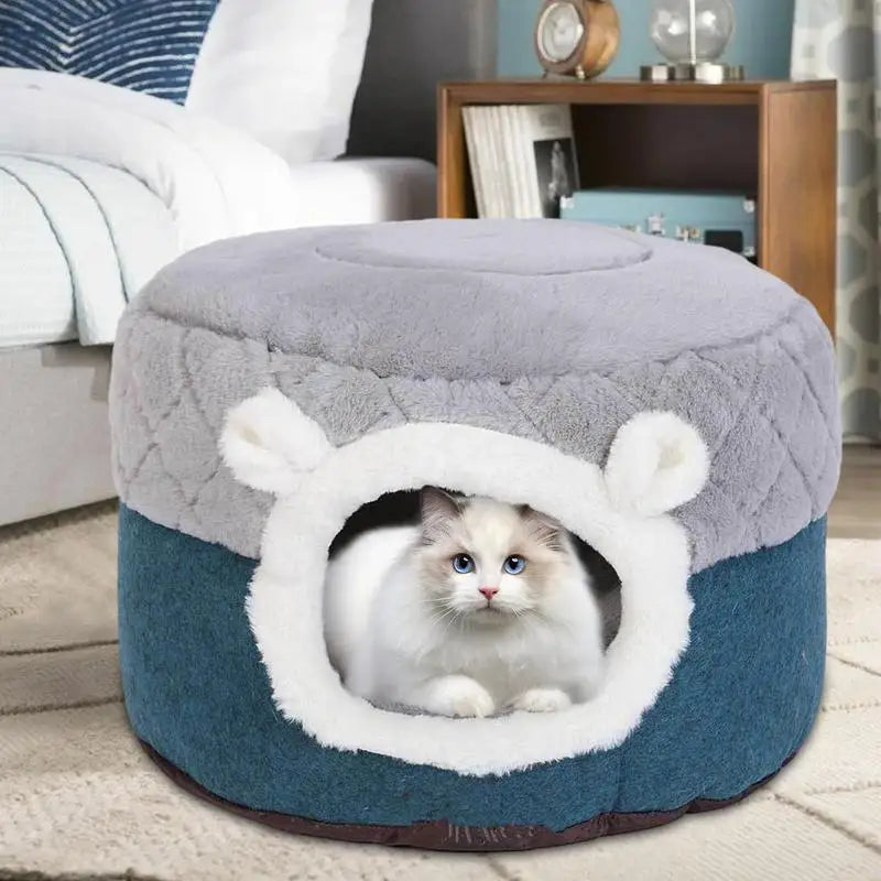 2-in-1 Quilted Cat Cave – Cozy & Portable Indoor Pet Bed with Plush Cushion