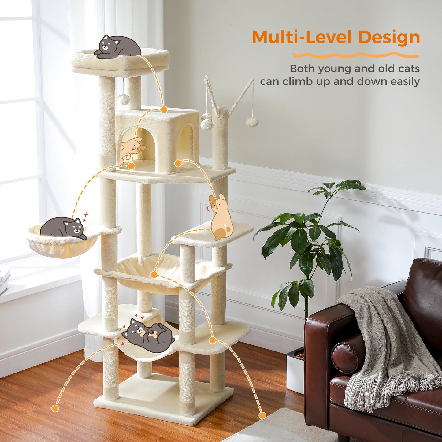 Tall Multi-Level Cat Tree – Large Perches, Hammock & Sisal Scratching Posts