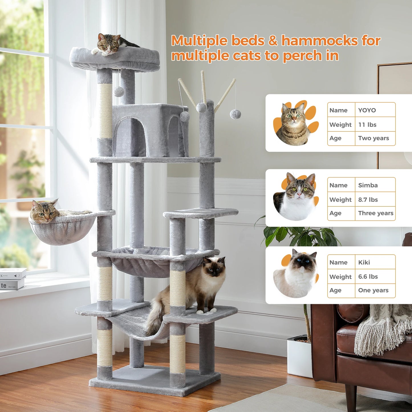 Tall Multi-Level Cat Tree – Large Perches, Hammock & Sisal Scratching Posts