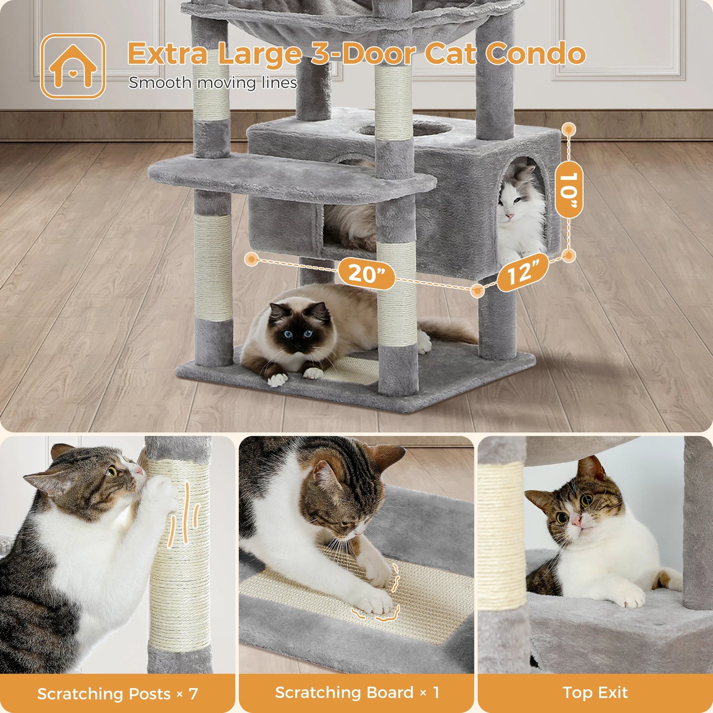 Tall Multi-Level Cat Tree – Large Perches, Hammock & Sisal Scratching Posts