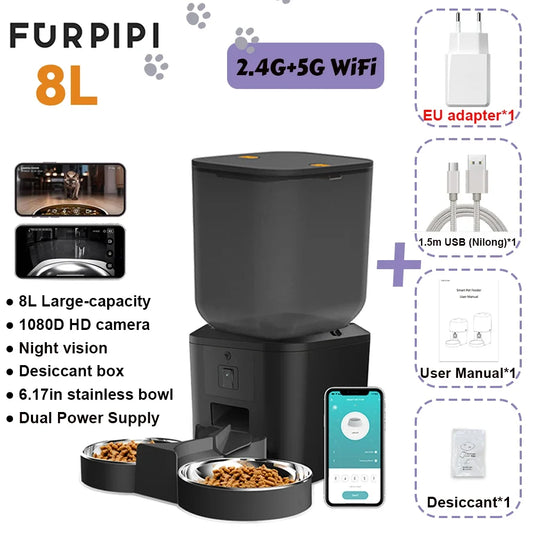 8L Smart Pet Feeder with 1080P Camera – 5G WiFi, Auto Cat & Dog Food Dispenser with App Control & Dual Power