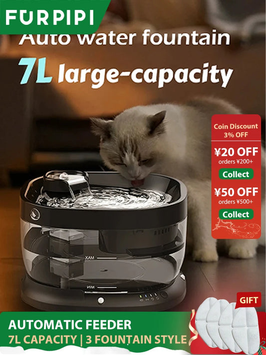 7L Water Fountain Cat Drinker Water Dispenser Wireless 10000mAh Power Supply for 60 Days Battery Life for Multi-Cats Dogs Pets