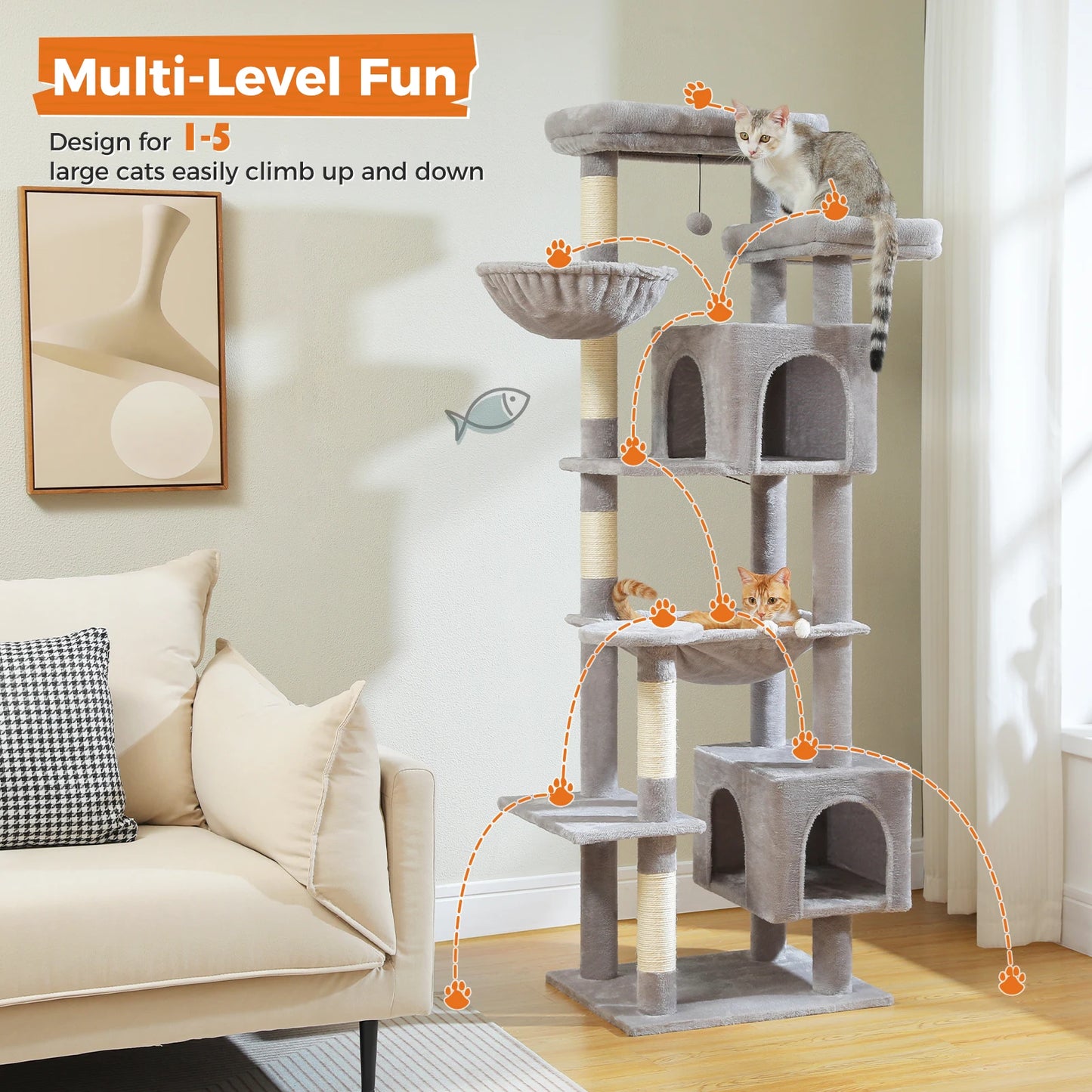 Tall Multi-Level Cat Tree – Large Perches, Hammock & Sisal Scratching Posts