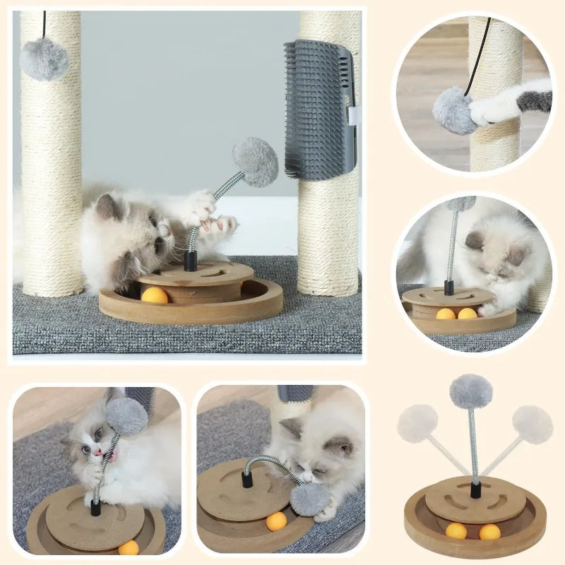 Compact Cat Tree with Scratching Posts, Plush Perch, Track Toy & Hanging Ball – Stable & Fun for Indoor Cats & Kittens