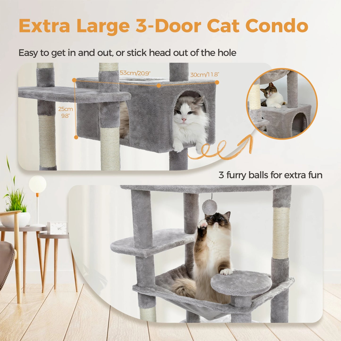 Tall Multi-Level Cat Tree – Large Perches, Hammock & Sisal Scratching Posts