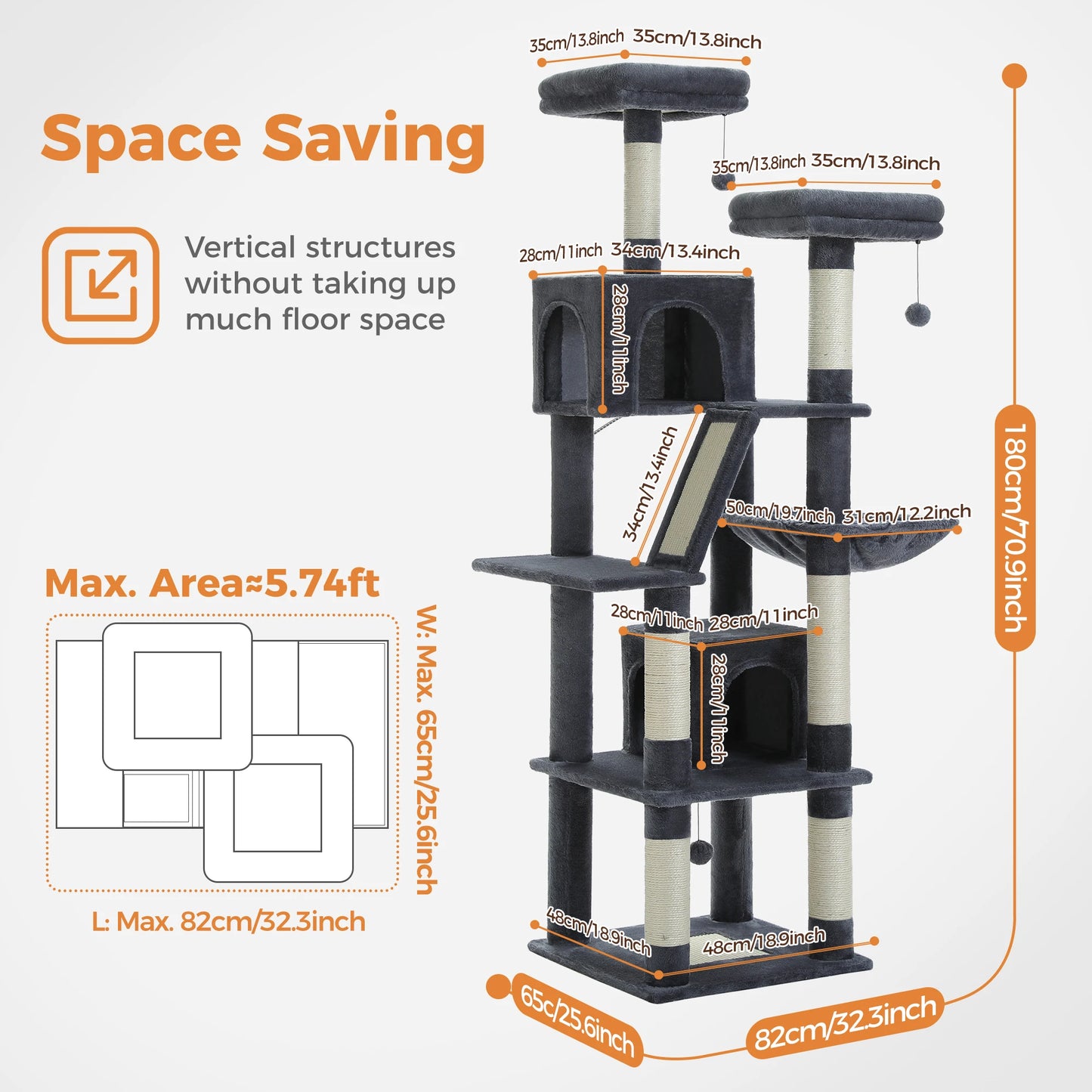 Tall Multi-Level Cat Tree – Large Perches, Hammock & Sisal Scratching Posts