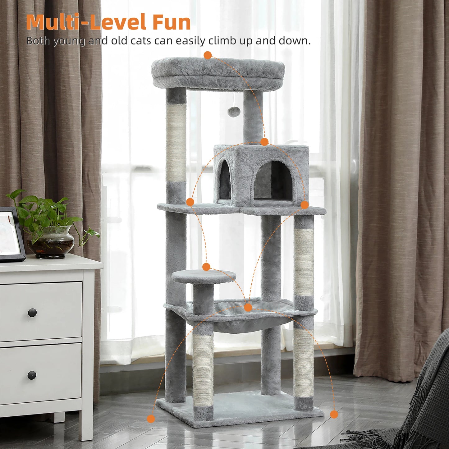 5-Level Cat Tree – Large Hammock, Sisal Scratching Posts & Cozy Condo (143cm Tall)