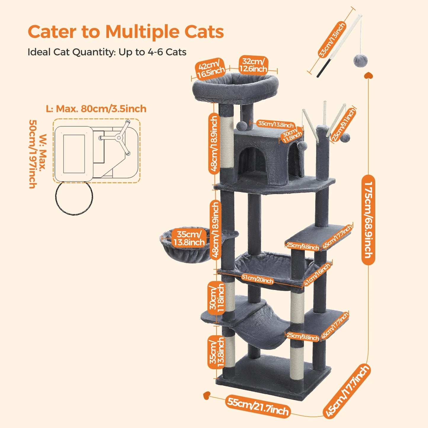 Tall Multi-Level Cat Tree – Large Perches, Hammock & Sisal Scratching Posts