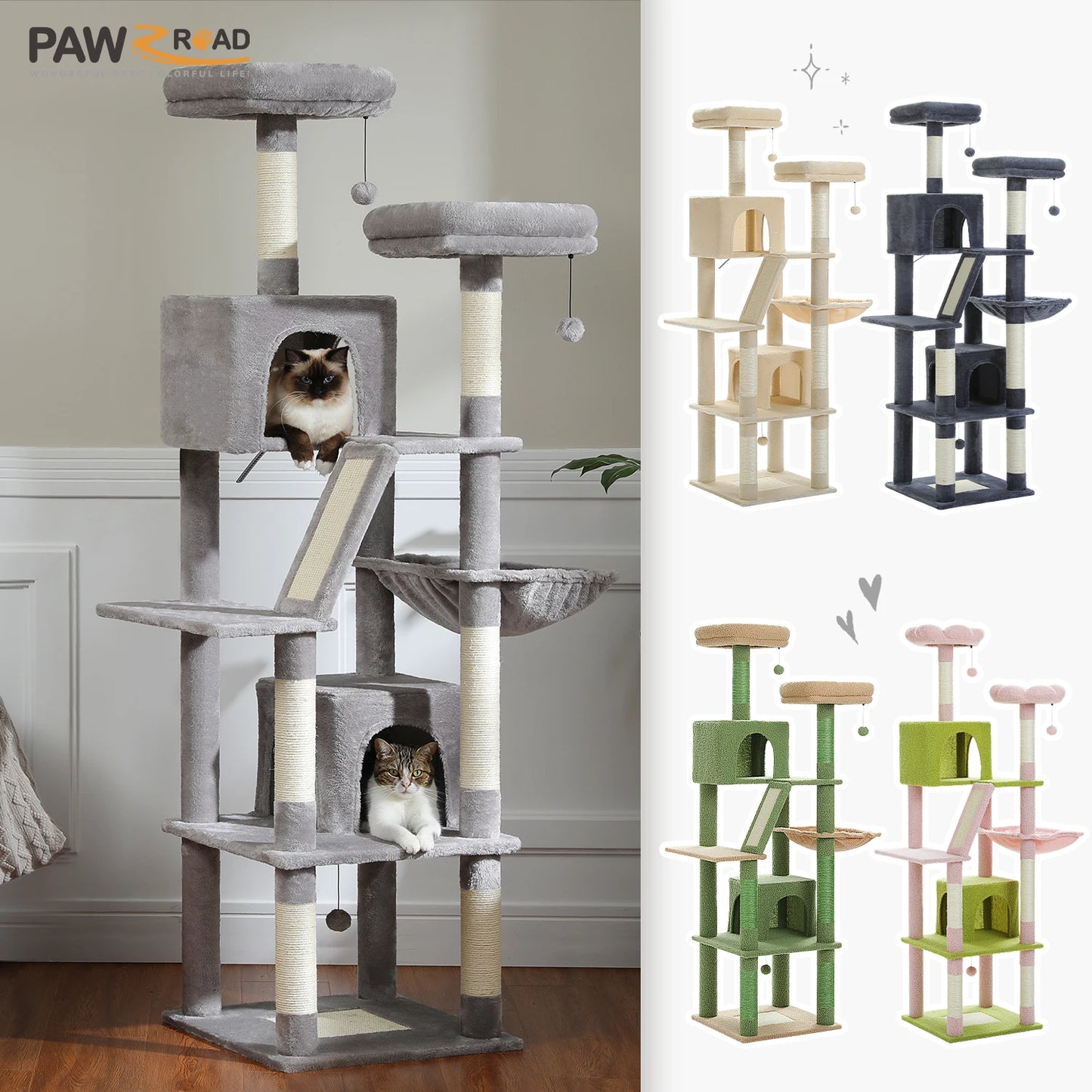 Tall Multi-Level Cat Tree – Large Perches, Hammock & Sisal Scratching Posts