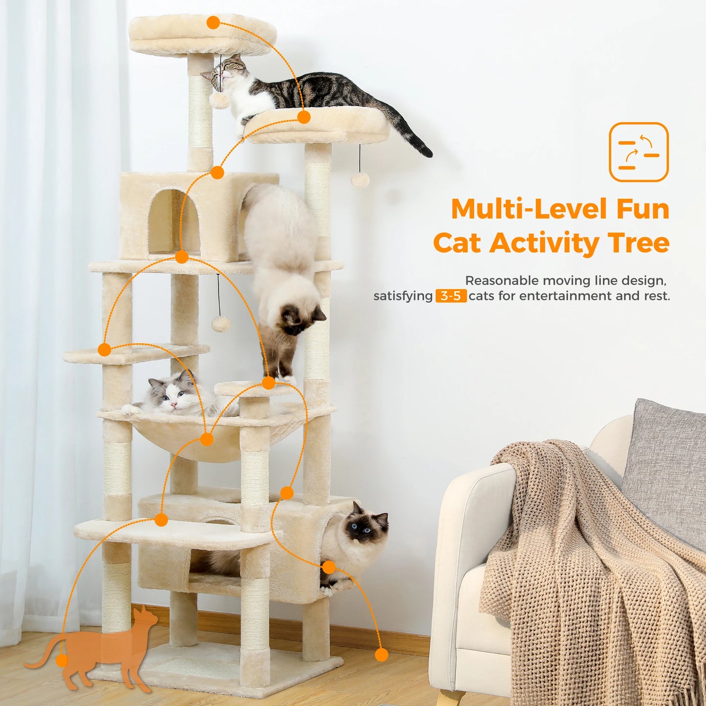 Tall Multi-Level Cat Tree – Large Perches, Hammock & Sisal Scratching Posts