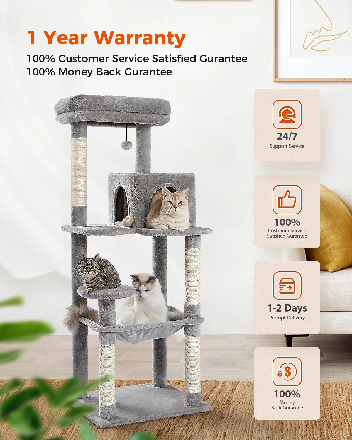 5-Level Cat Tree – Large Hammock, Sisal Scratching Posts & Cozy Condo (143cm Tall)