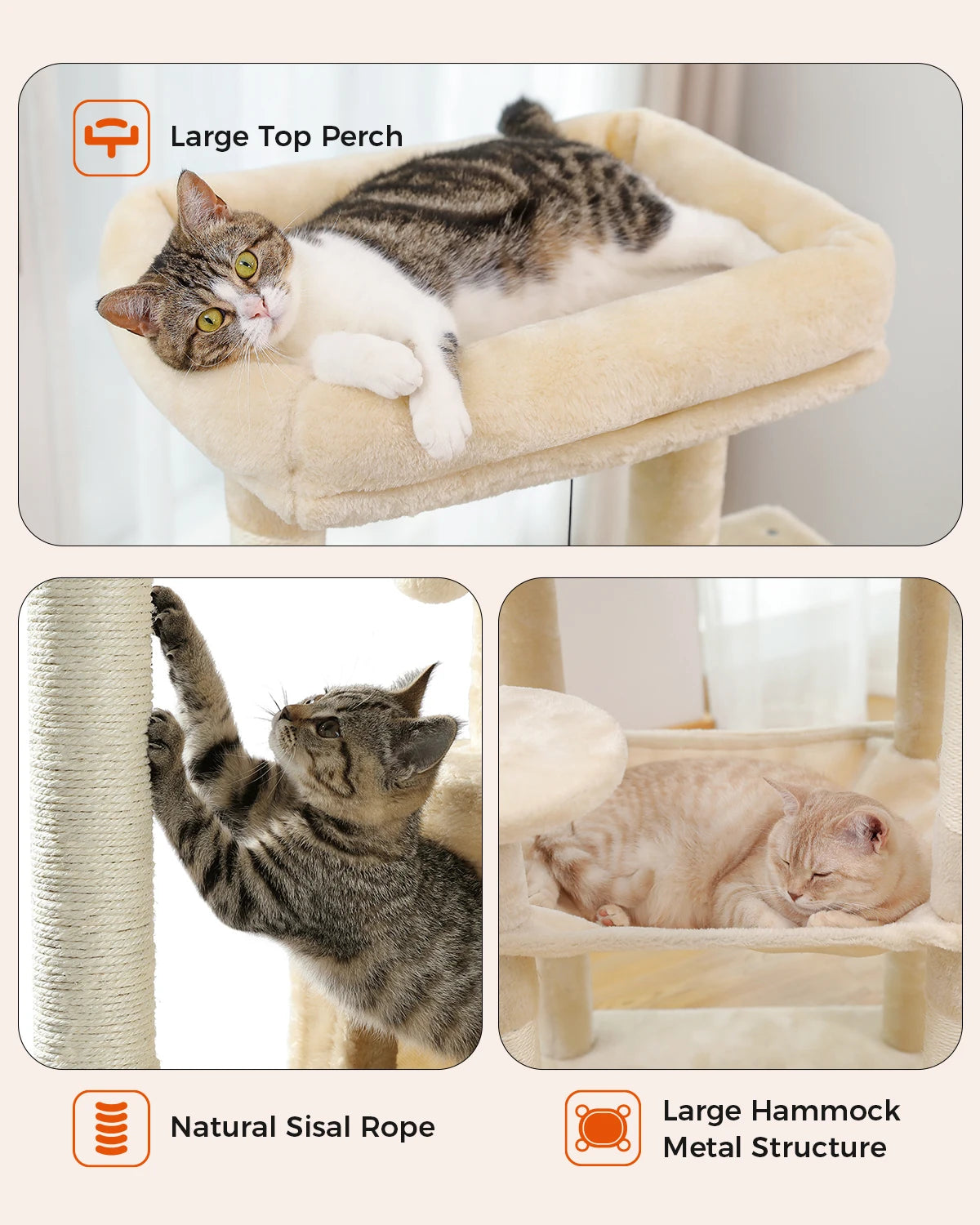 5-Level Cat Tree – Large Hammock, Sisal Scratching Posts & Cozy Condo (143cm Tall)