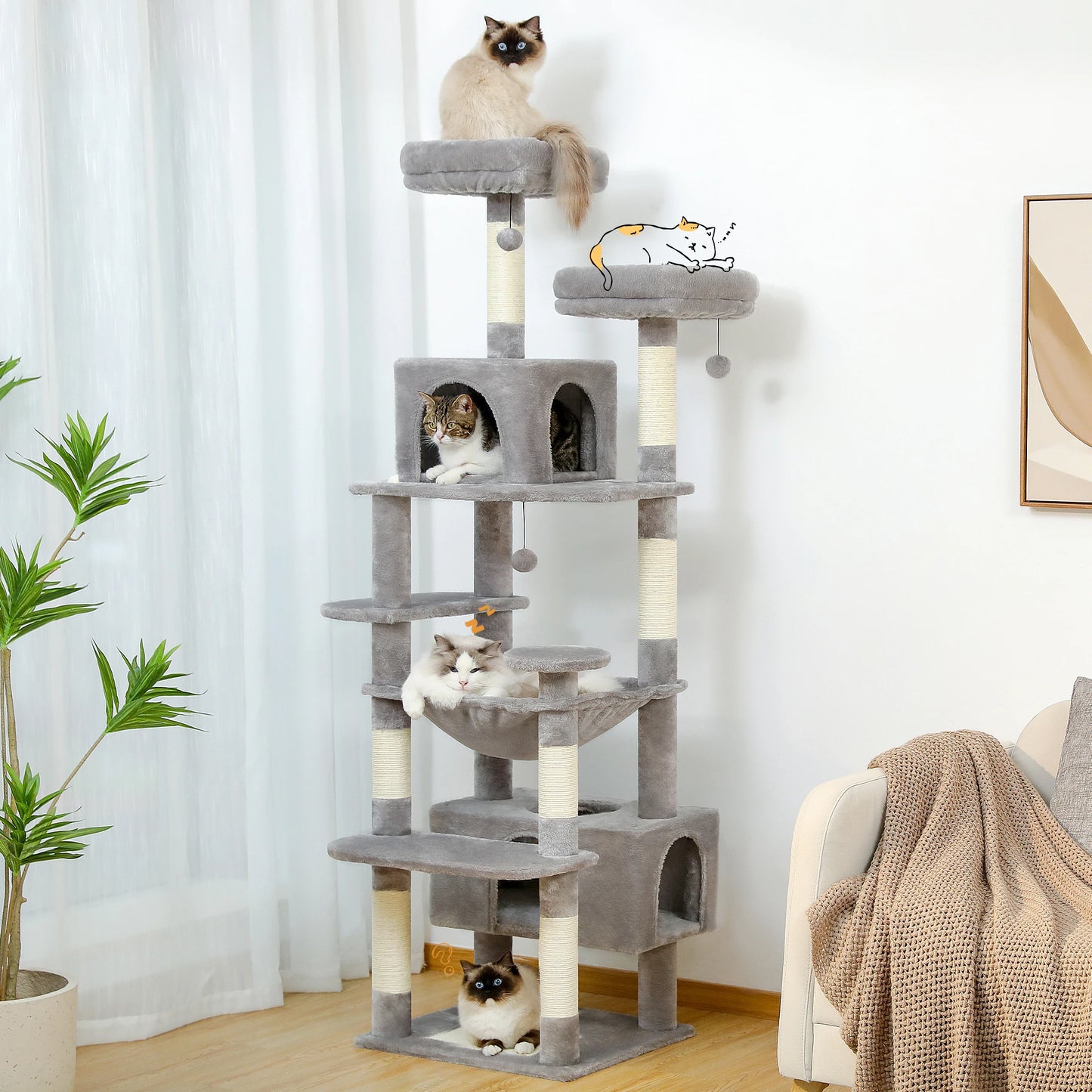 Tall Multi-Level Cat Tree – Large Perches, Hammock & Sisal Scratching Posts