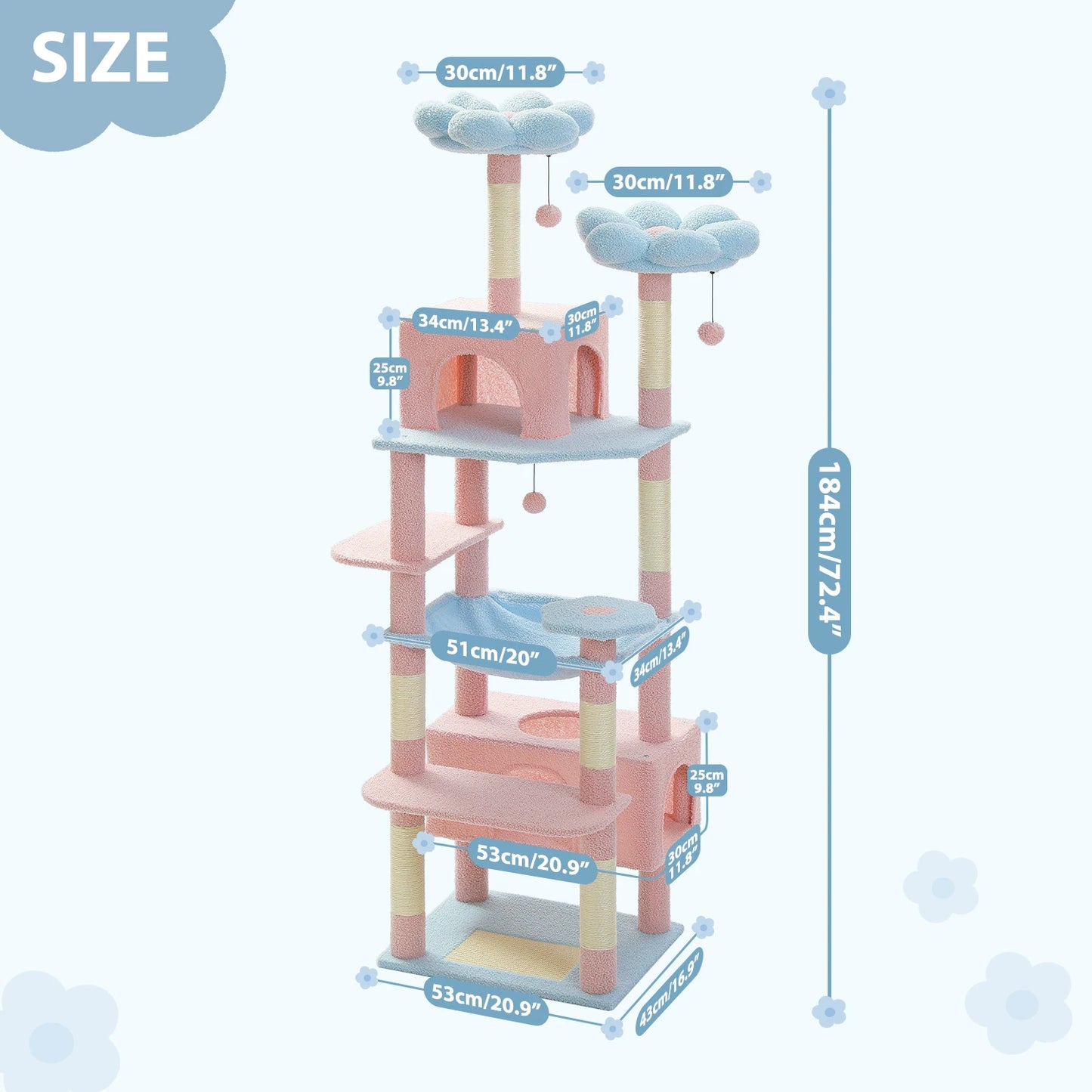 72 inch Large Cat Tree – Multi-Level Tower with Hammock, Perches & Sisal Scratching Posts (Blue)