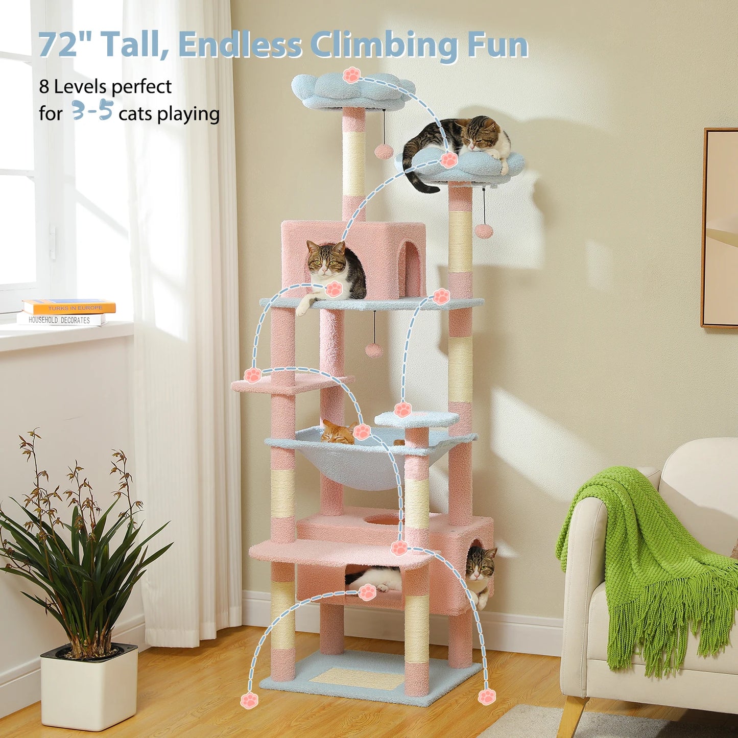 72 inch Large Cat Tree – Multi-Level Tower with Hammock, Perches & Sisal Scratching Posts (Blue)